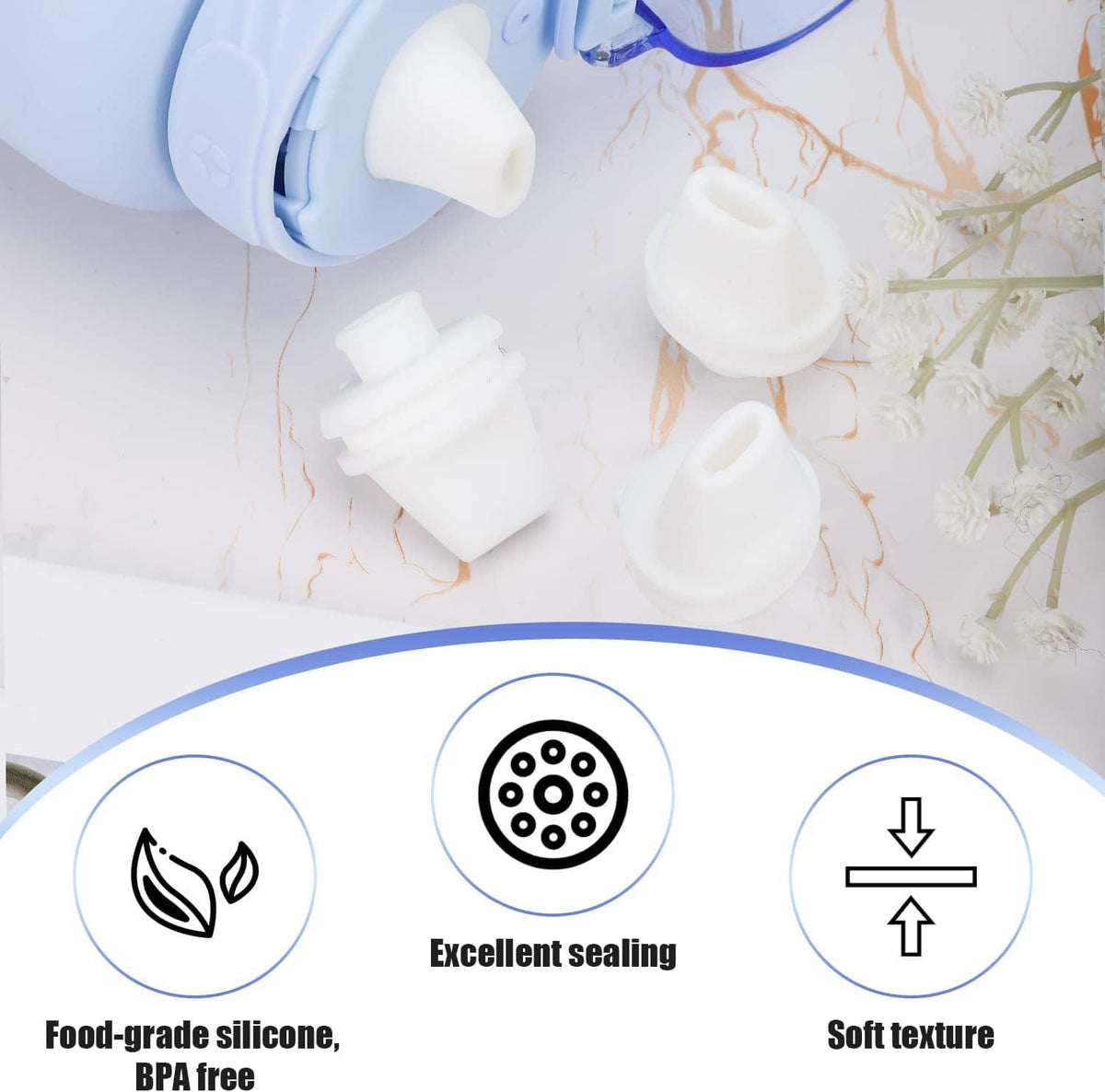 White bite valve parts with close-up texture details for silicone cup lid