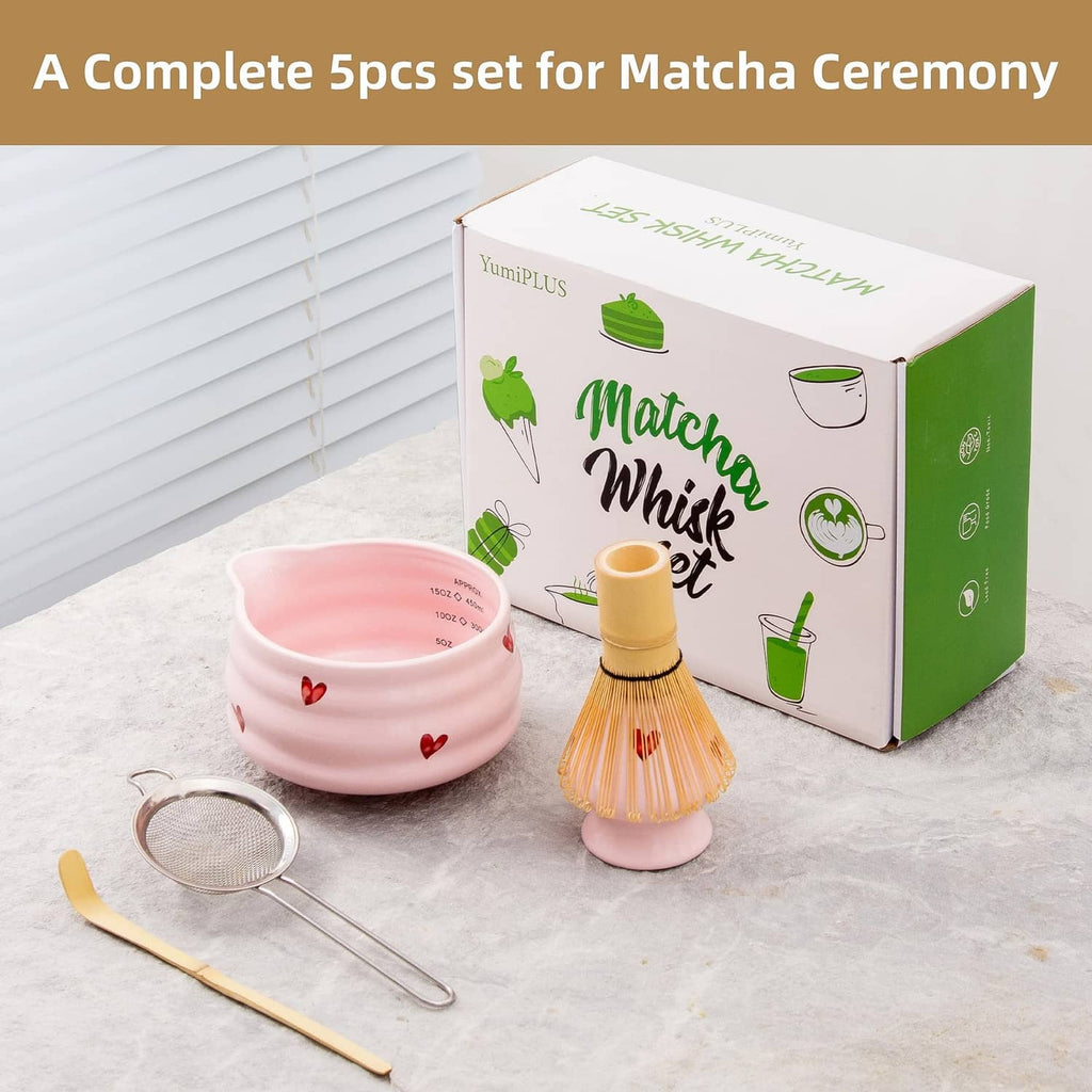 Pink 5-piece matcha set: ceramic bowl, whisk, strainer, scoop, and gift card