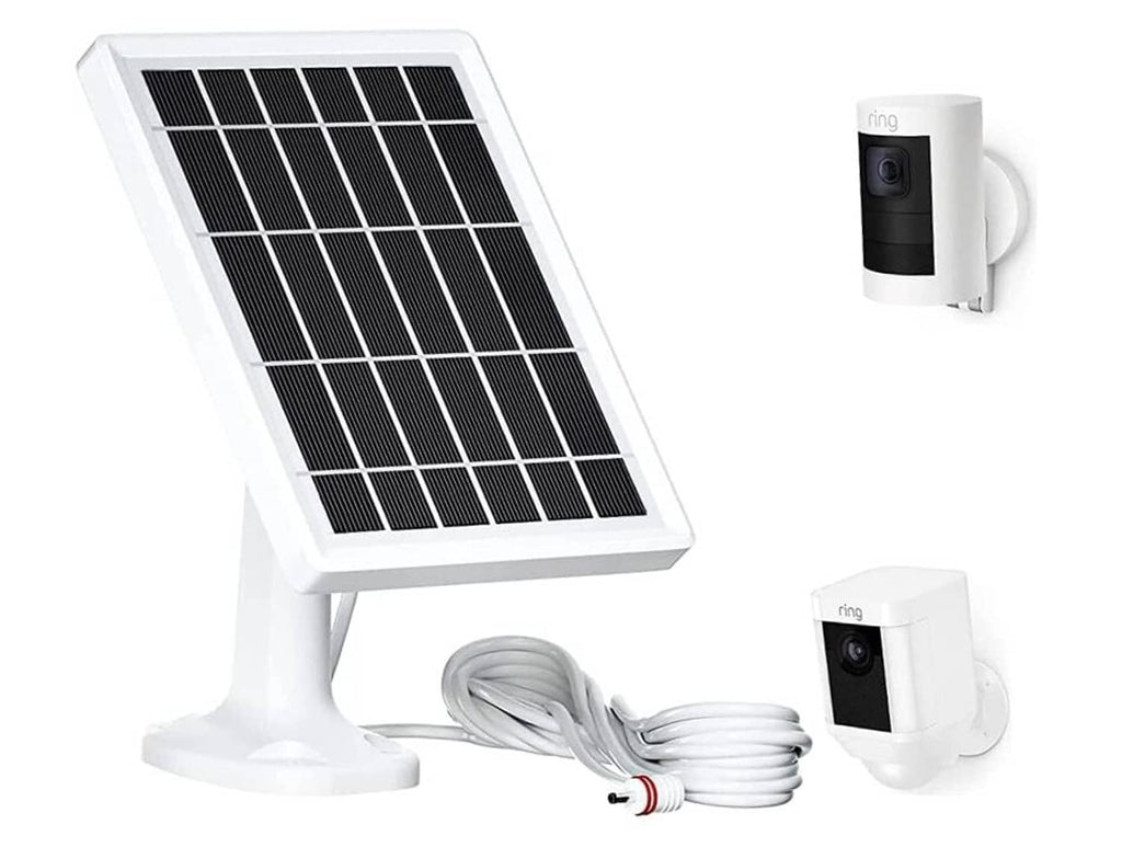 Solar panel charger kit with stand, cable, and Ring-style outdoor camera mount