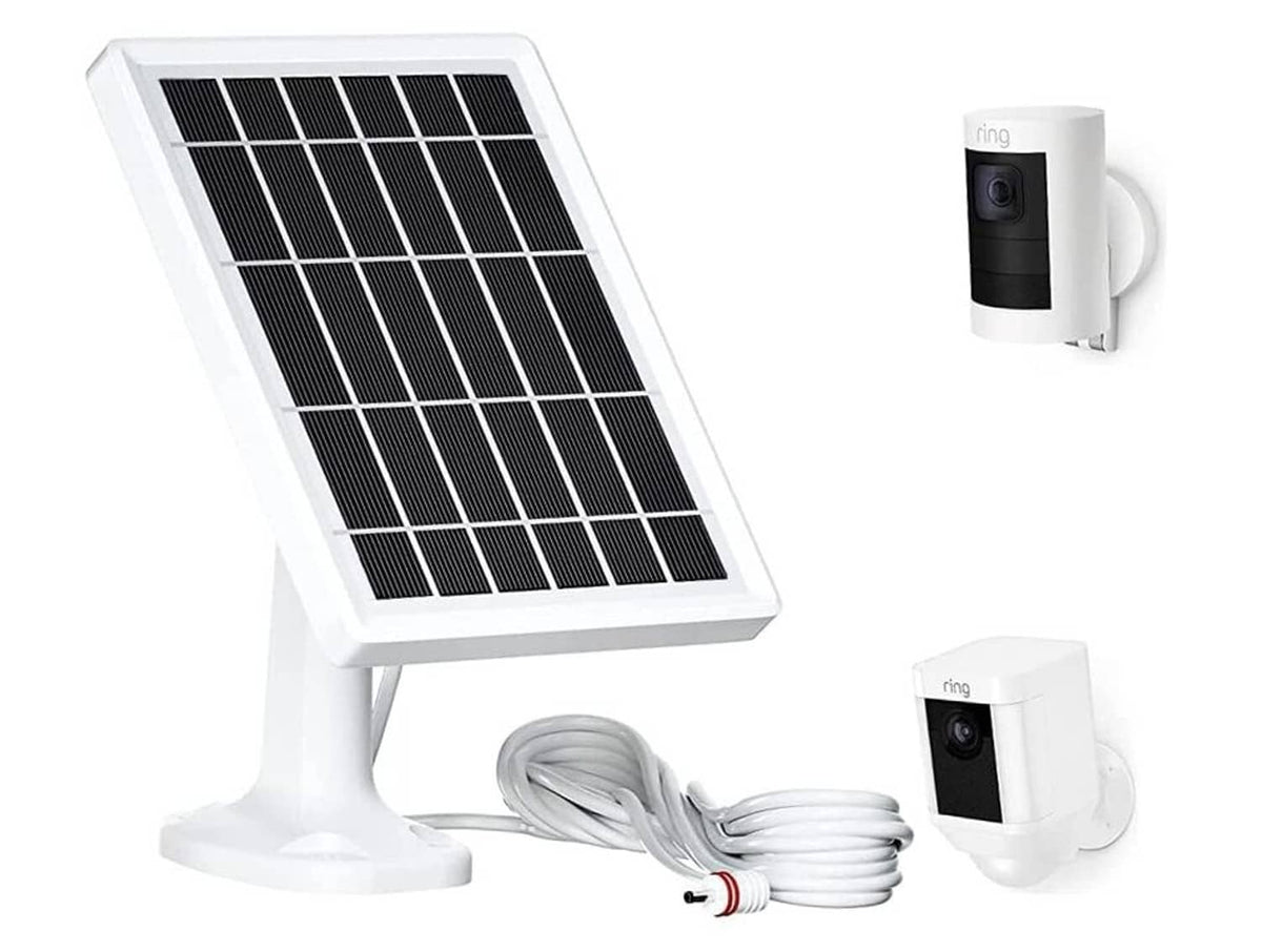 Solar panel charger kit with stand, cable, and Ring-style outdoor camera mount