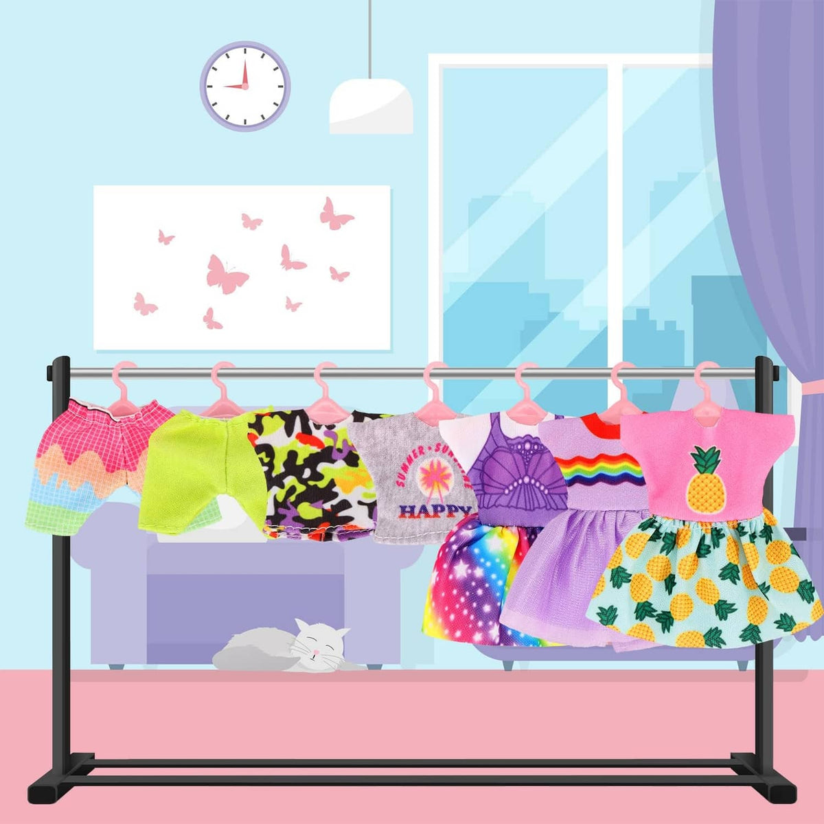 Assorted girl doll clothes hanging on a rack, with dresses and shorts sets