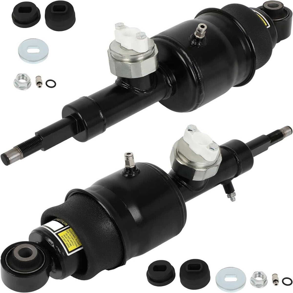 Pair of black rear hydraulic air shock struts with mounting hardware and caps