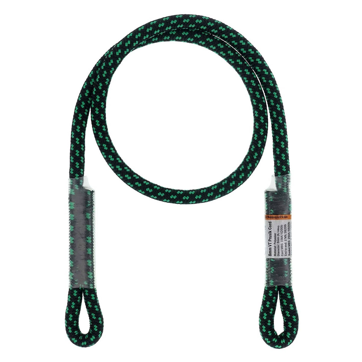 Green double-braid prusik loop with sewn eye-to-eye ends, rope loop pair