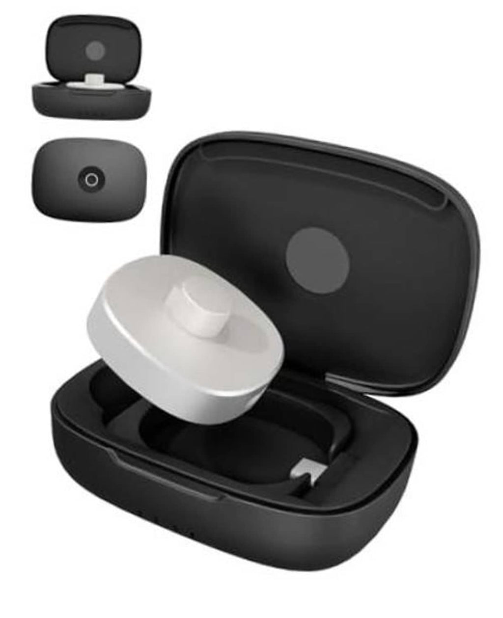 Black charging case open with earbuds docked, visible charging contact points