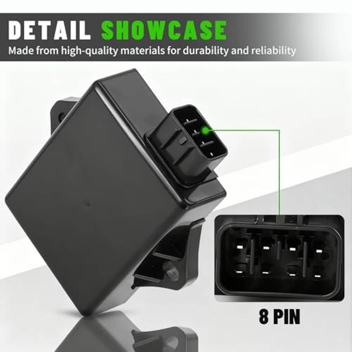 Black CDI ignition module with 8-pin connector opening and detailed side view