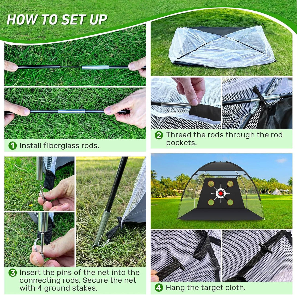 Golf net setup steps showing fiber-glass rods and target cloth attachment