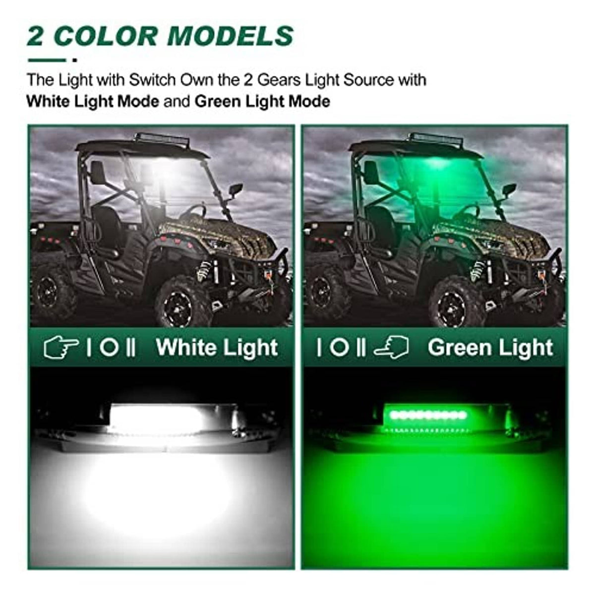 Roll bar LED light bar displaying bright white and green light modes