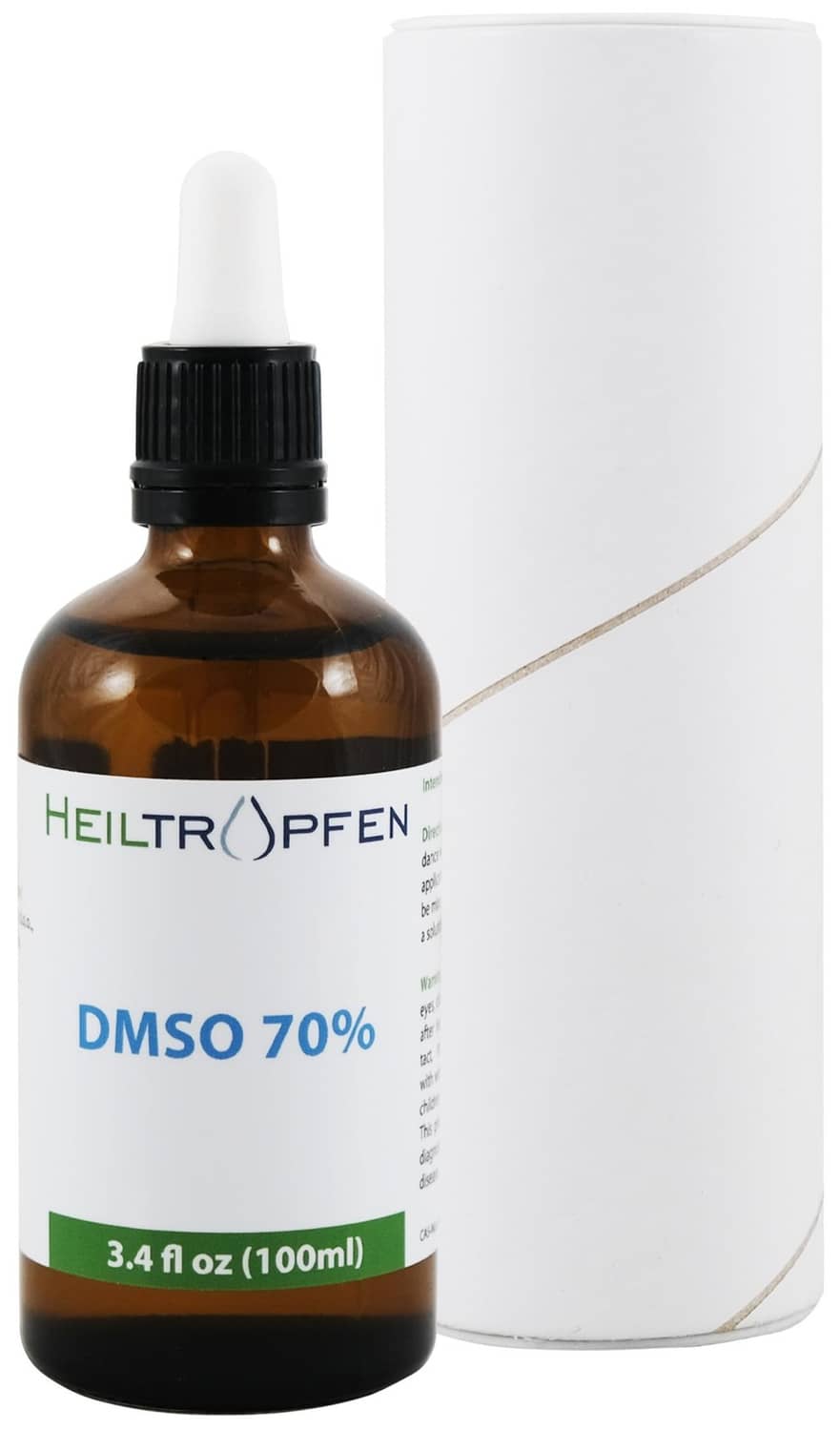 Amber glass DMSO 70% dropper bottle with black cap and white sleeve