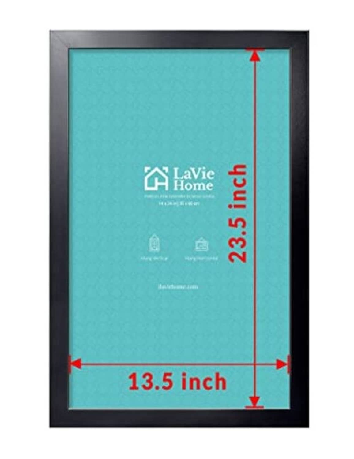 Black poster frame with 13.5x23.5 inch opening and size arrows on art