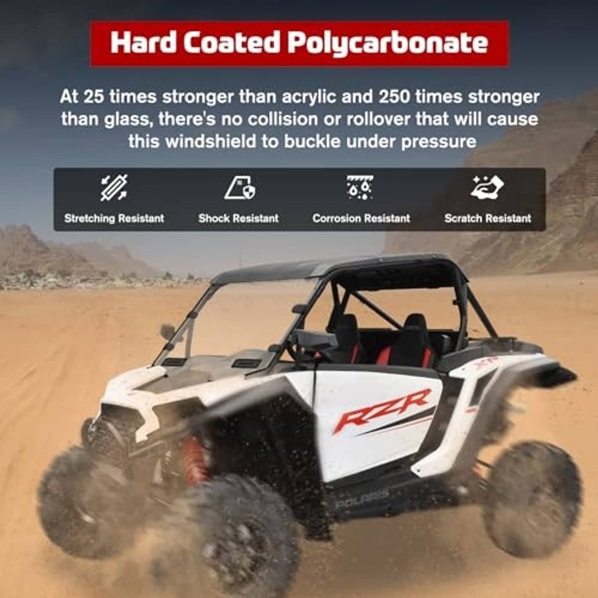 Clear full front UTV windshield panel in polycarbonate, fitted over dashboard area