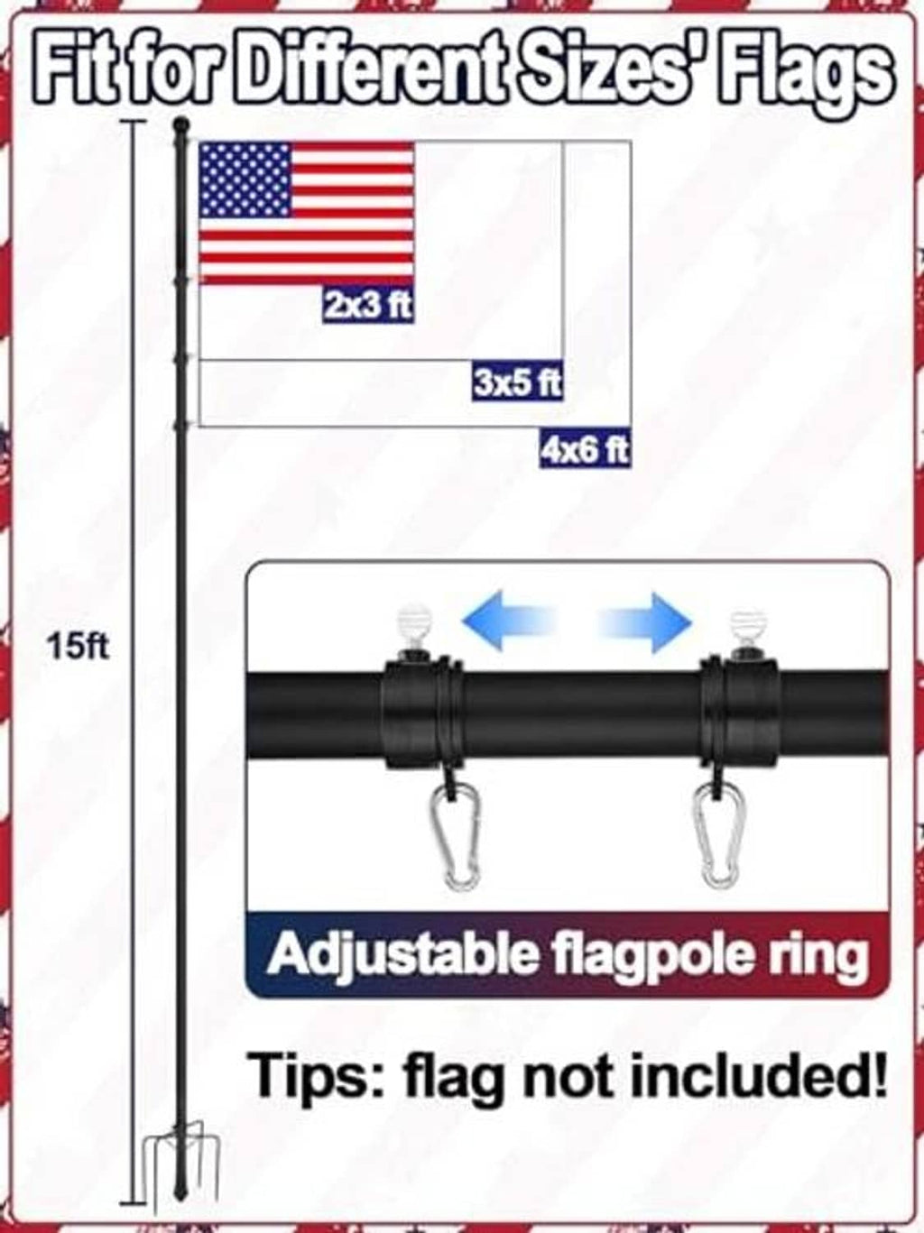 Black flag pole with adjustable flagpole ring and hanging hooks for two flags