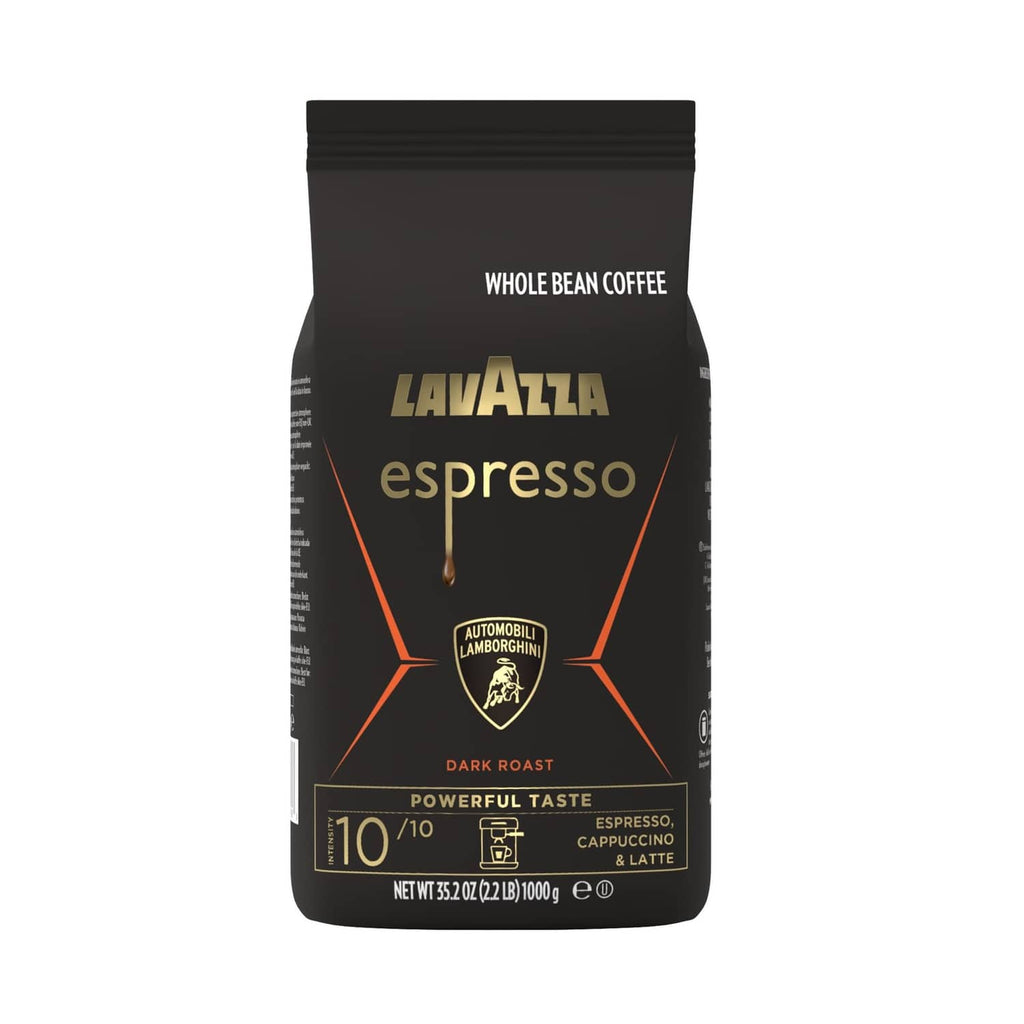 Espresso whole bean coffee pouch, dark roast, black bag with orange graphics