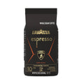 Espresso whole bean coffee pouch, dark roast, black bag with orange graphics