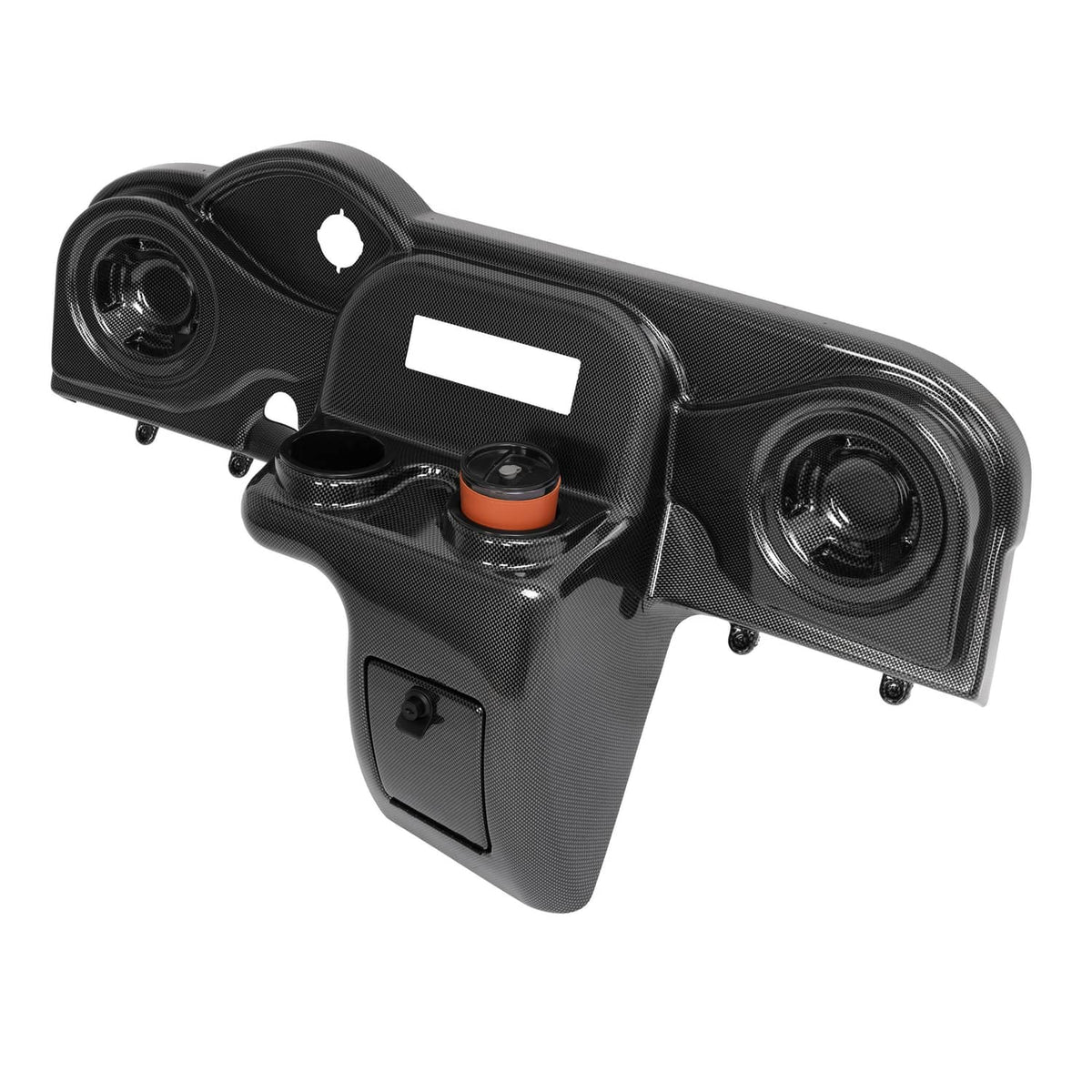 Golf cart dash cover with radio display cutout, two speakers, and accessory cup holder