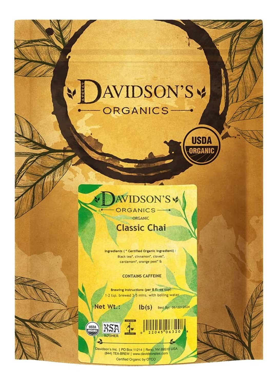 Organic loose-leaf chai tea pouch with Davidson's Organics branding on the front label