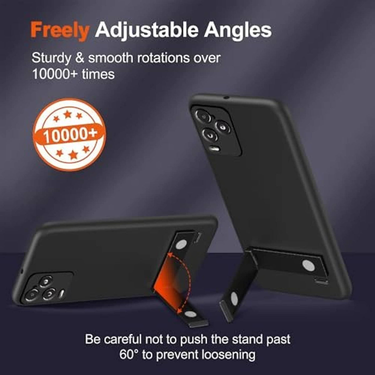 Black phone case with freely adjustable kickstand and camera cutouts