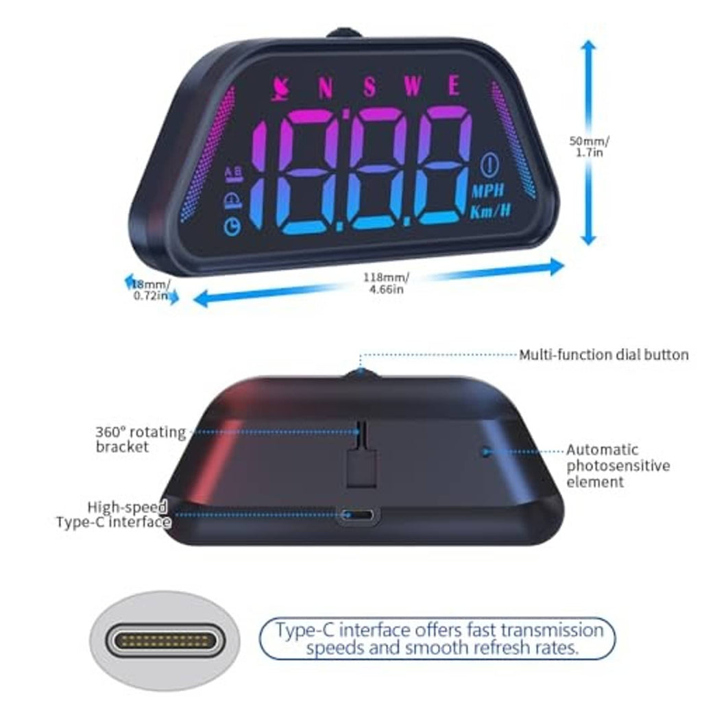Universal car HUD GPS speedometer diagram with front screen, rotating bracket, and buttons