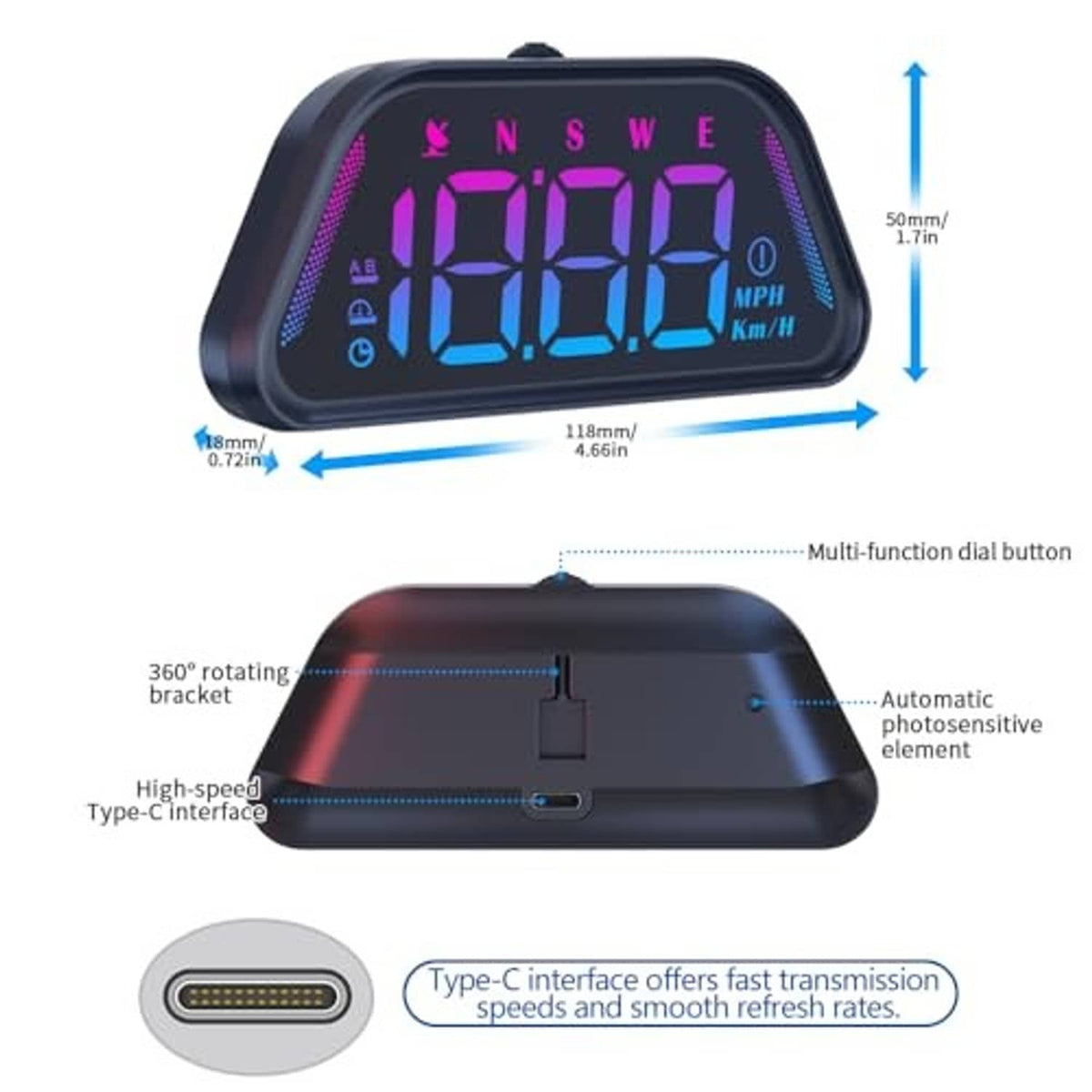Universal car HUD GPS speedometer diagram with front screen, rotating bracket, and buttons