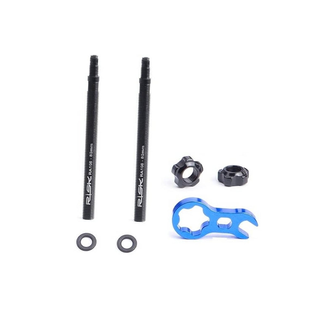 Tubeless Presta valve extenders kit, black 80mm stems with blue mounting tool pieces