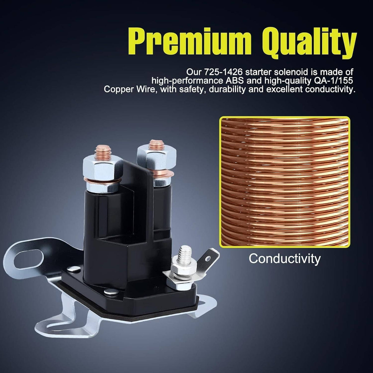 12V starter solenoid assembly with black housing and copper coil terminals, mounting bracket