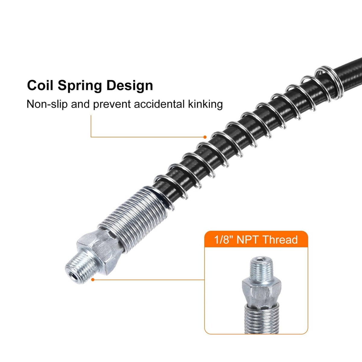 Grease gun hose spring-coil section with 1/8 in NPT thread end fitting