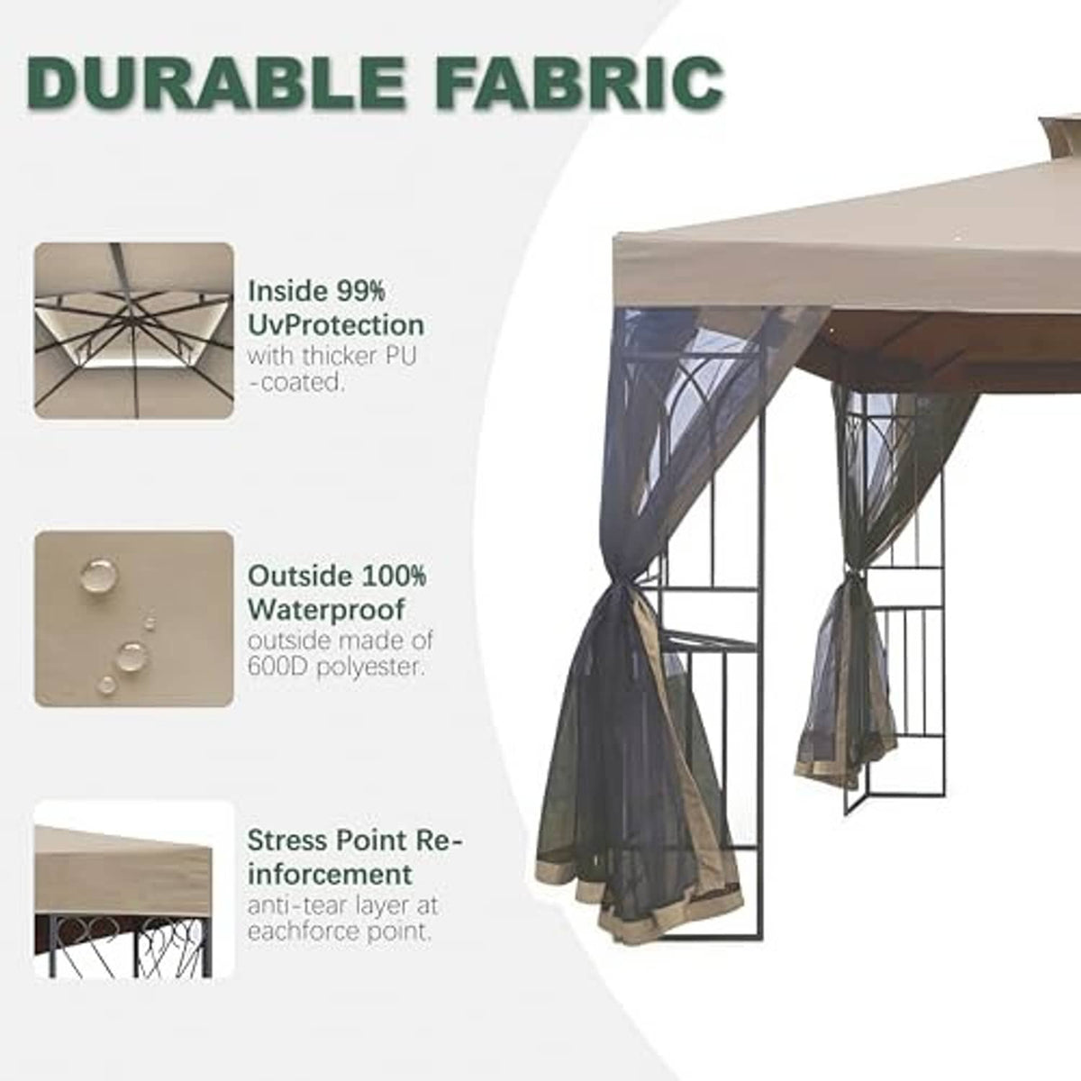 Light beige gazebo cover with layered fabric panels and black side curtains