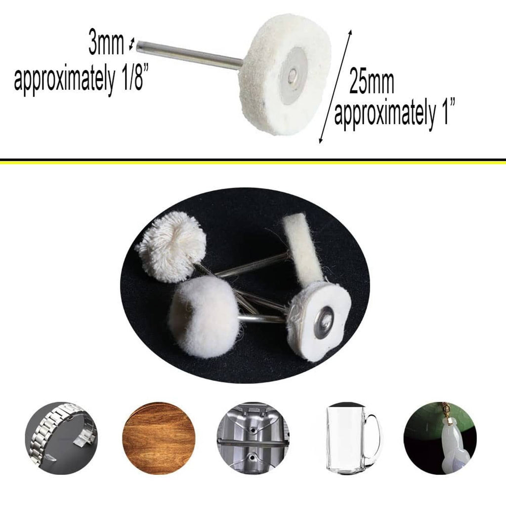 Round white felt polishing wheel on metal rod, compact buffing head