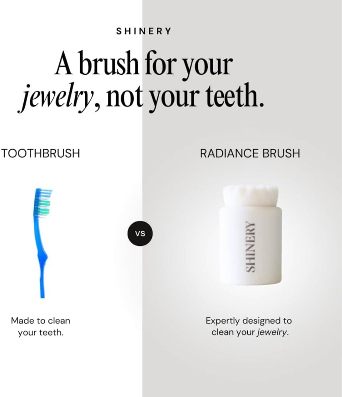 Radiance brush for jewelry cleaning, white container with soft bristle brush head