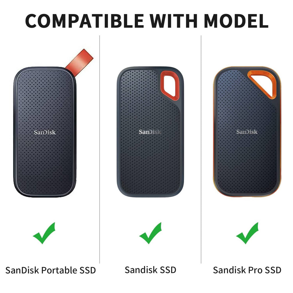 Black hard SSD case with orange edge trim, compact shape, and protective padding
