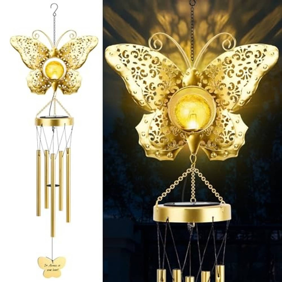 Ornate golden butterfly solar wind chime with glowing glass bulb and hanging chimes