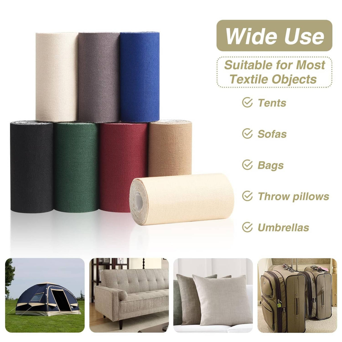 Assorted color rolls of canvas repair tape with self-adhesive waterproof fabric backing