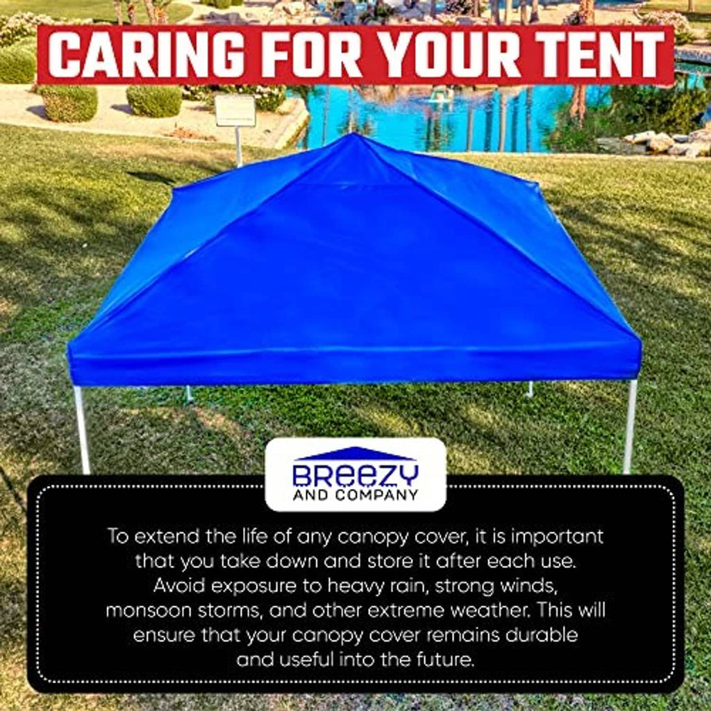 Blue pop up canopy tent on grass with white poles and peaked roof cover