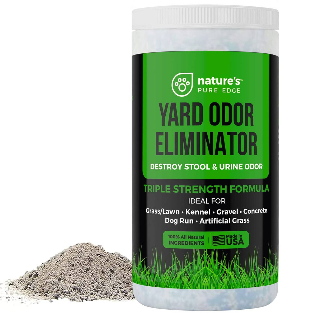 Nature's Pure Edge Yard Odor Eliminator bottle with green label, beside gravel