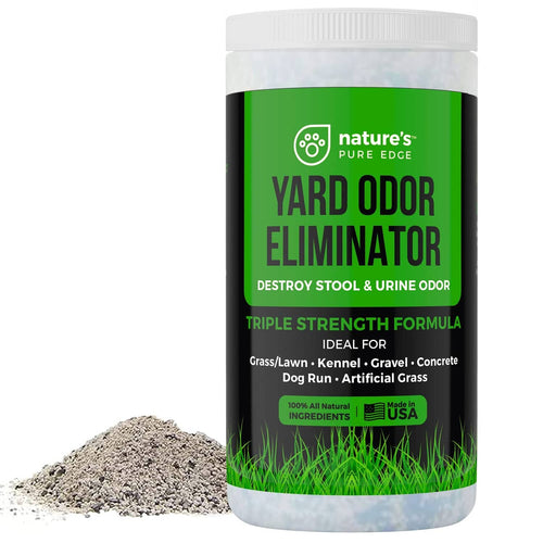 Nature's Pure Edge Yard Odor Eliminator bottle with green label, beside gravel