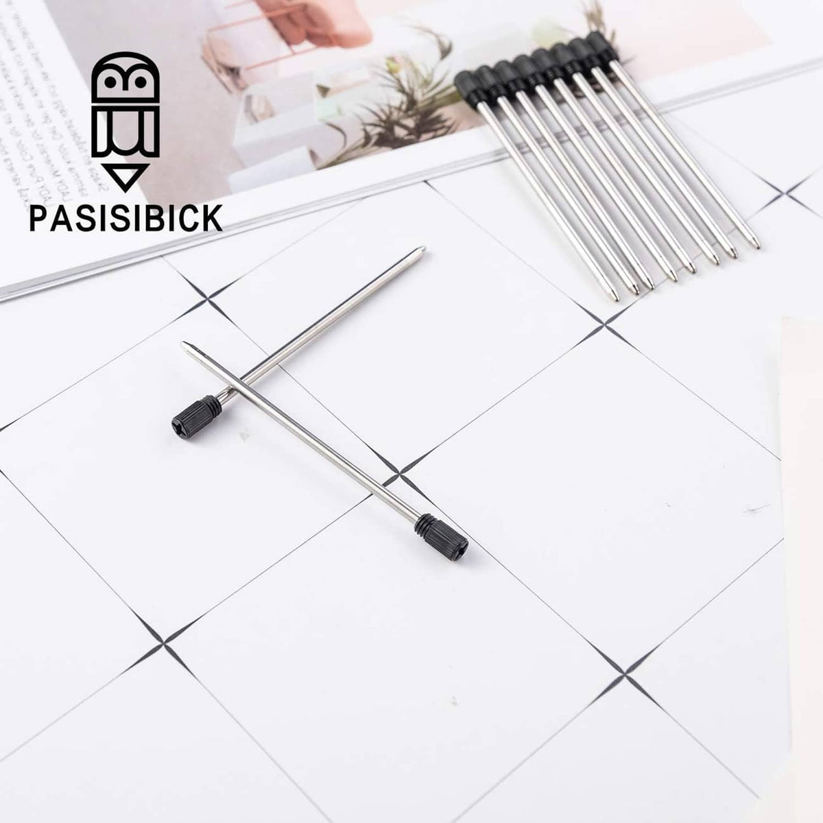 Ballpoint pen refills with black caps and silver metal shafts, single pens and bundle