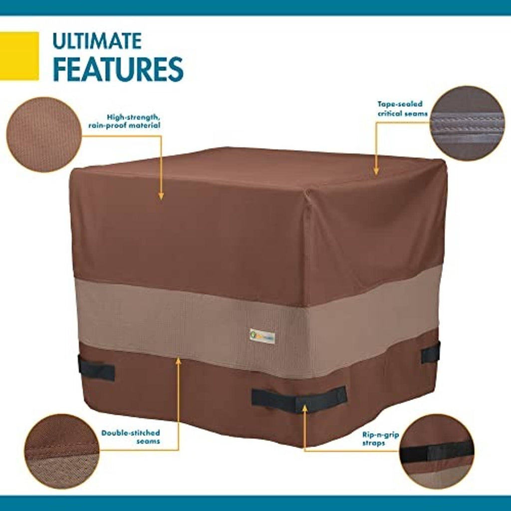 Square waterproof AC cover features graphic; brown and beige cover with taped seams