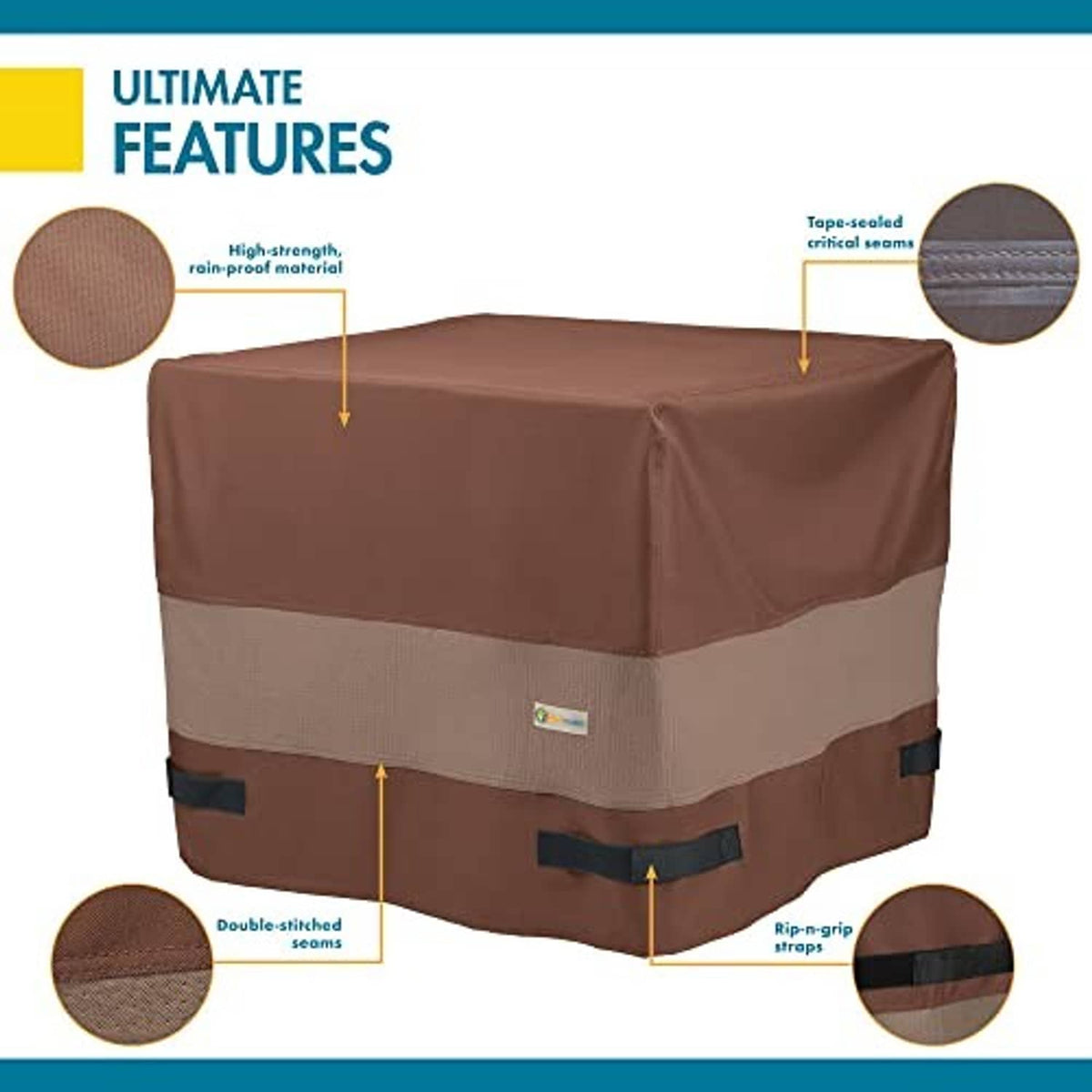 Square waterproof AC cover features graphic; brown and beige cover with taped seams