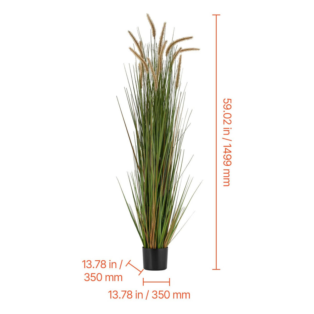 Artificial horsetail grass in black pot, upright green stems with tan plume tips