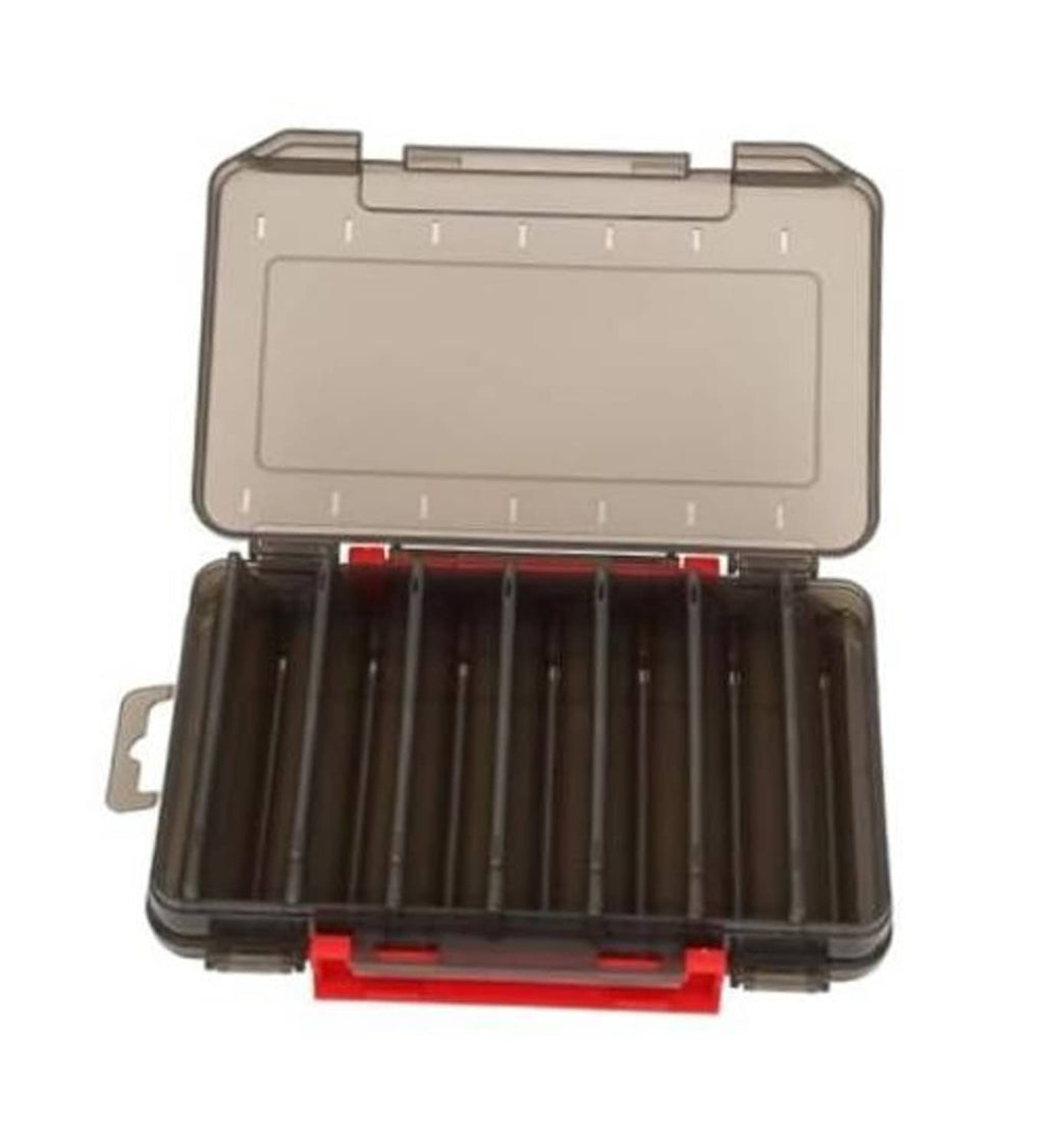Double-sided tackle box with clear lid, red latch, open compartments with bait holders