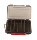Double-sided tackle box with clear lid, red latch, open compartments with bait holders