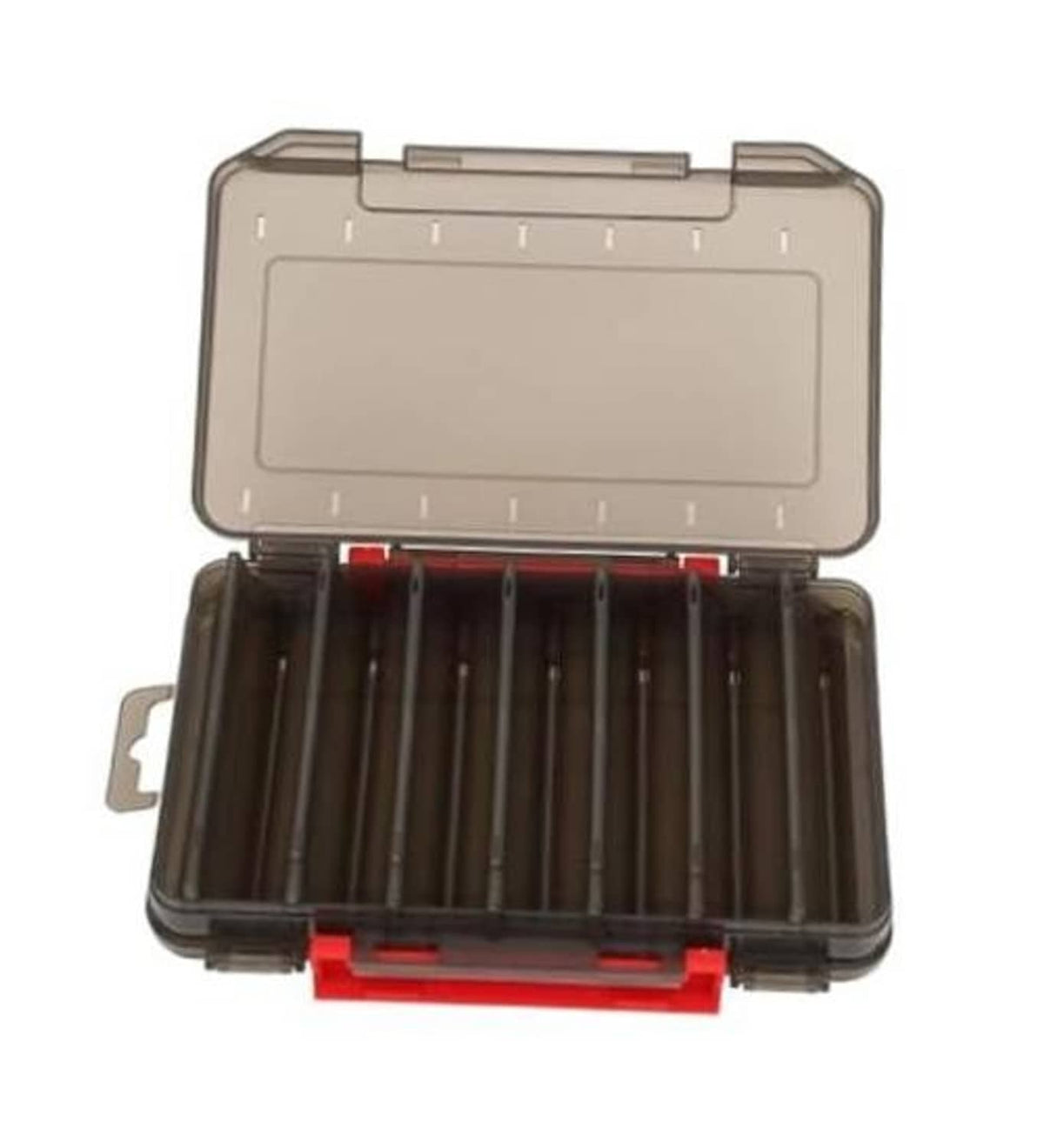 Double-sided tackle box with clear lid, red latch, open compartments with bait holders