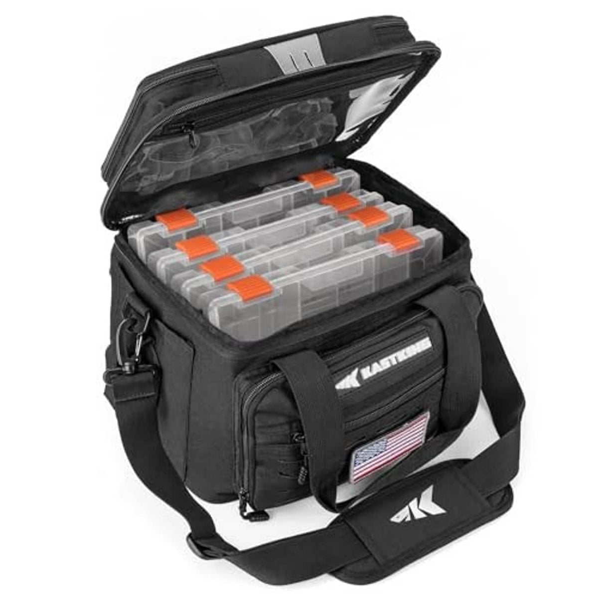 Open black tackle bag holding clear trays with orange clips, front zipper organizer pocket.