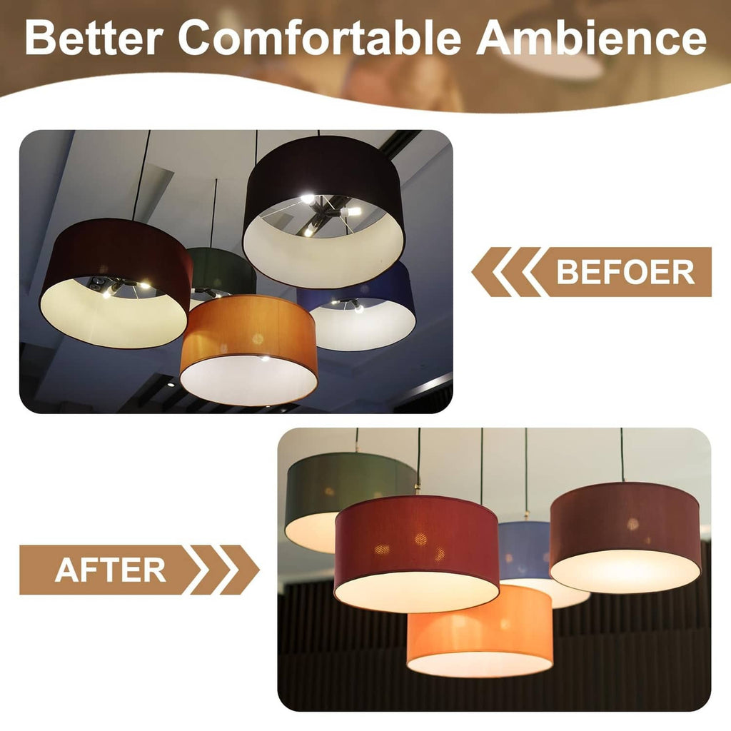 Round white lampshade diffusers on ceiling pendant lights for softer light