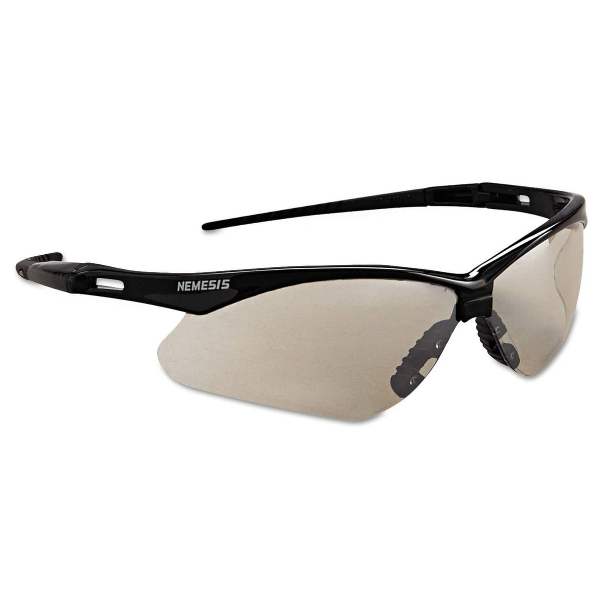 Side view of black safety eyewear with wraparound gray-tinted lenses
