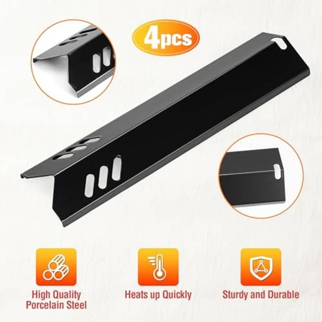 Single long black heat shield plate with mounting slots and side cutouts