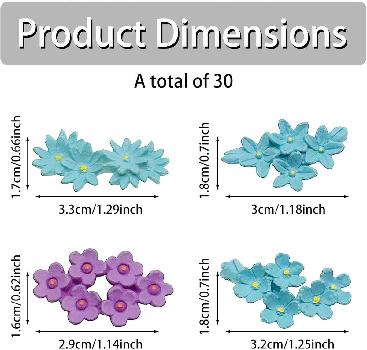 Mini resin flower size chart showing total 30 pieces and piece dimensions
