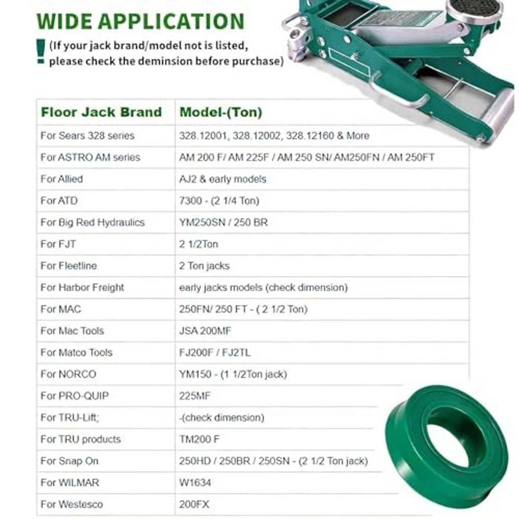 Hydraulic floor jack U-cup seal replacement with green guide, shown with fitment chart