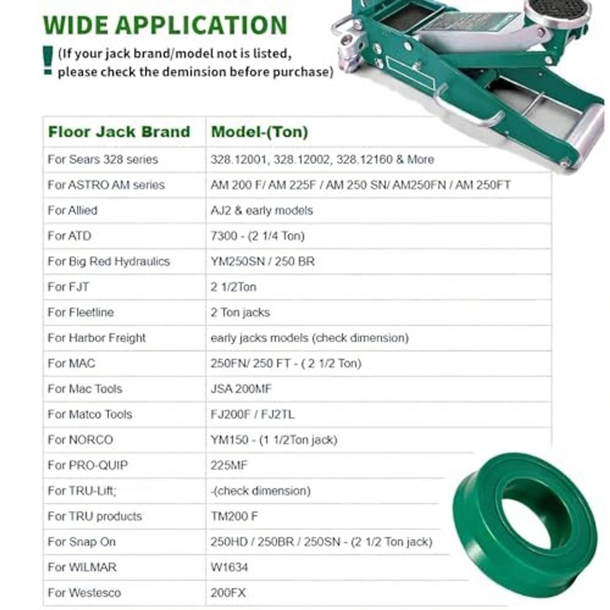 Hydraulic floor jack U-cup seal replacement with green guide, shown with fitment chart