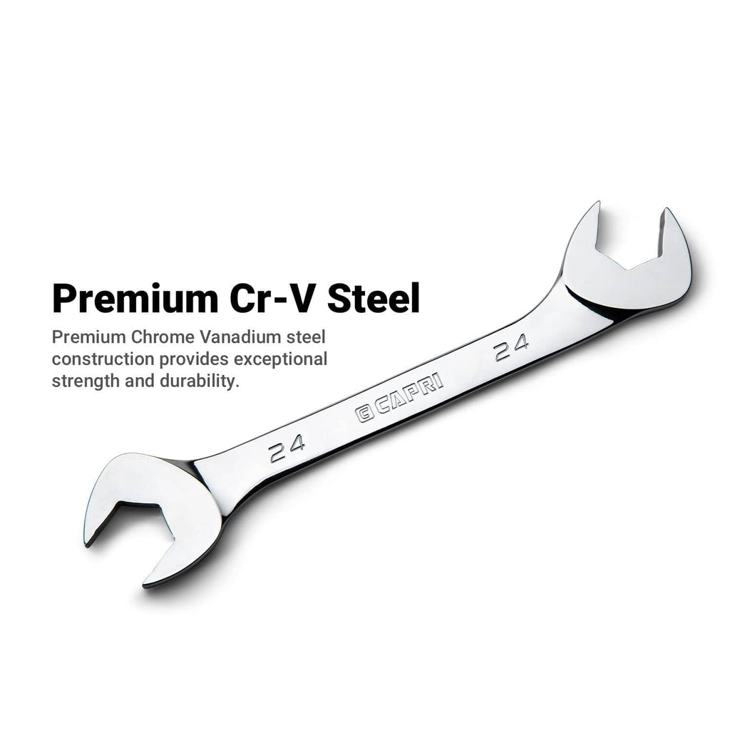 10 mm angle open-end wrench with chrome vanadium steel body and angled heads