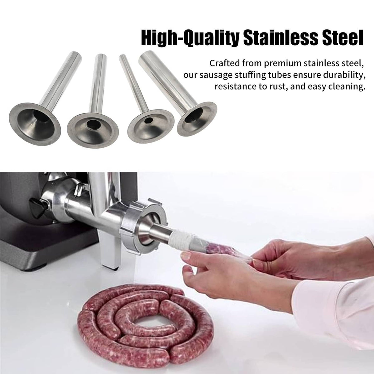 Stainless steel sausage stuffing tubes attached to a grinder while filling sausages
